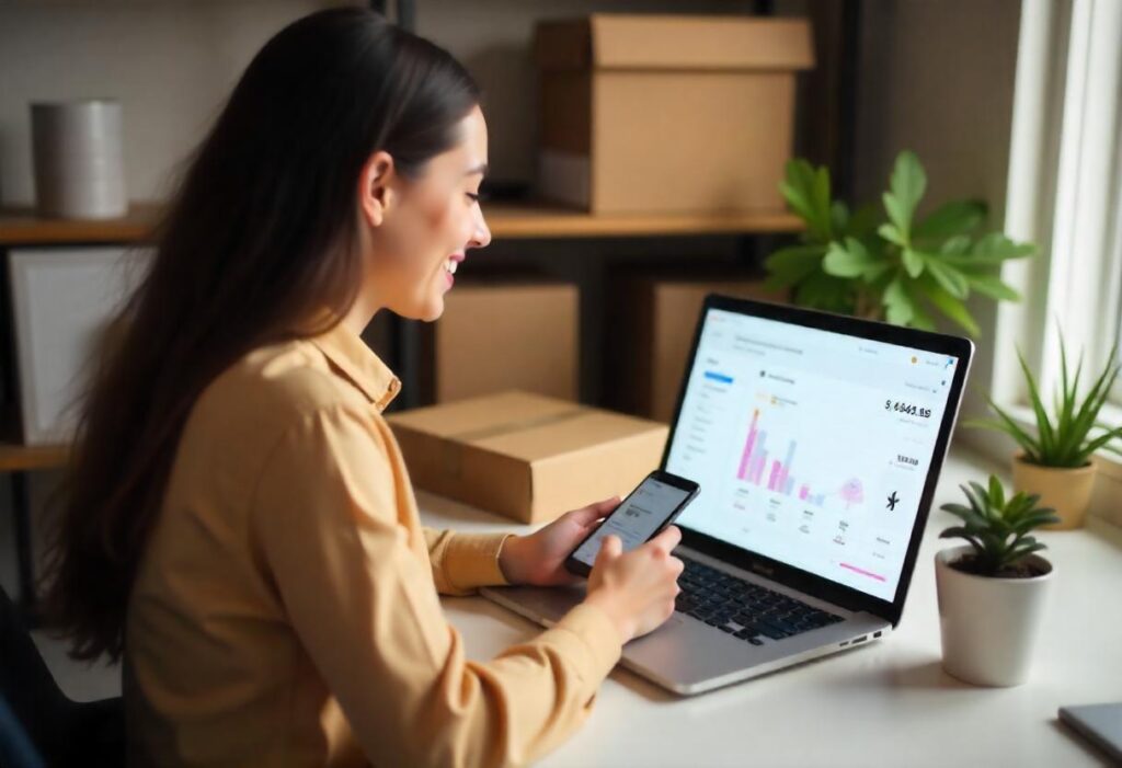 A young entrepreneur managing an online store using a laptop and a smartphone. The background includes product samples, shipping boxes, and a digital sales dashboard on the screen